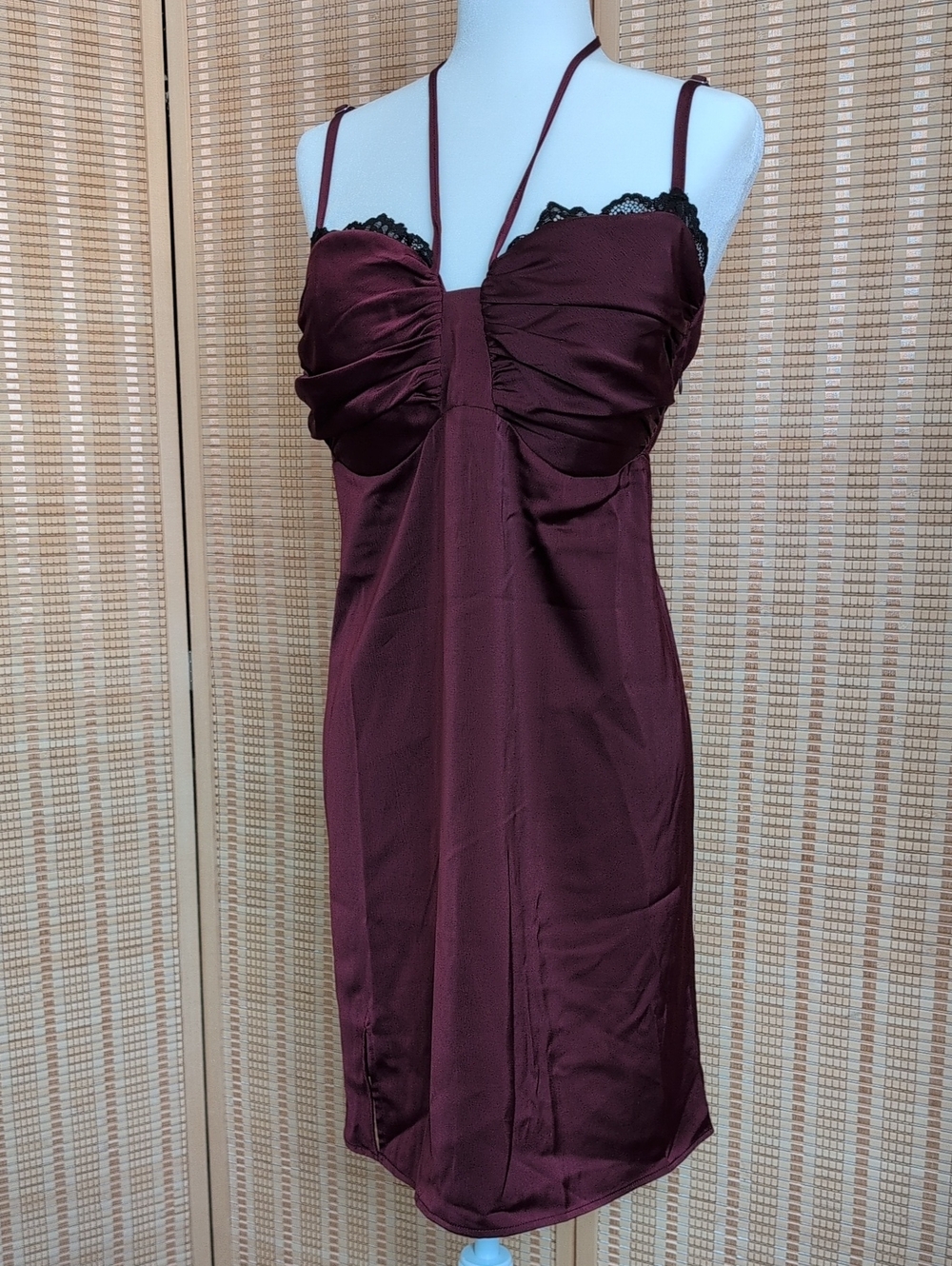 Wild Fable Silky Burgundy Slip Dress, Lace Trim, Adjustable Straps, Smocked Back